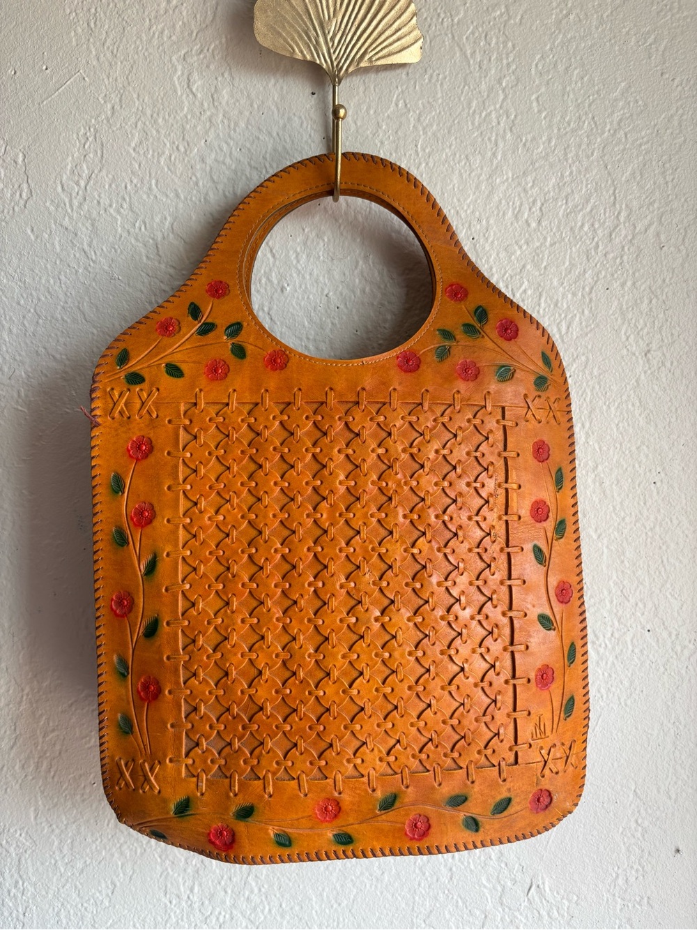 Vintage Hand-Tooled Orange Floral Leather Tote